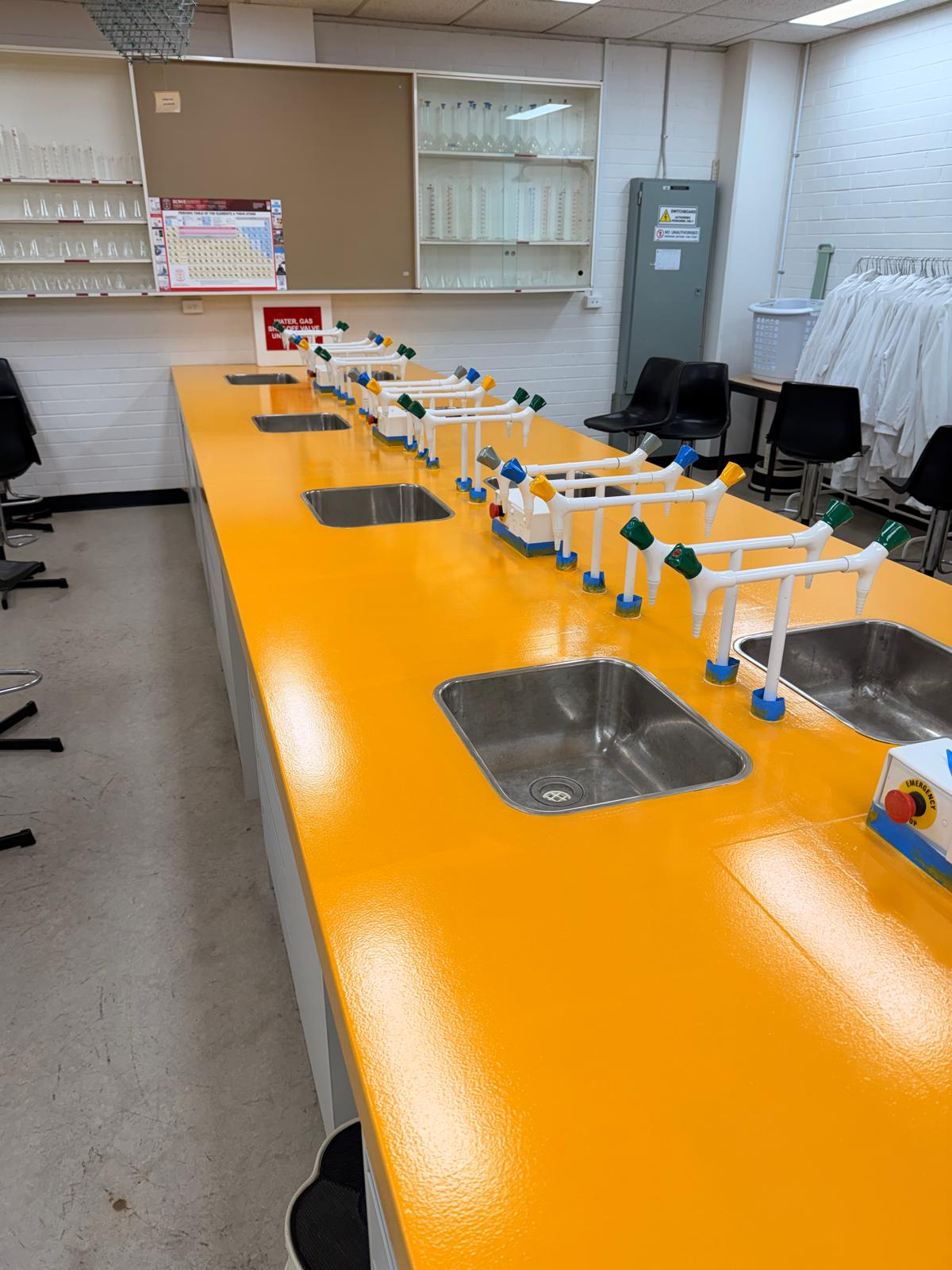Glossy epoxy coating applied to a science laboratory benchtop